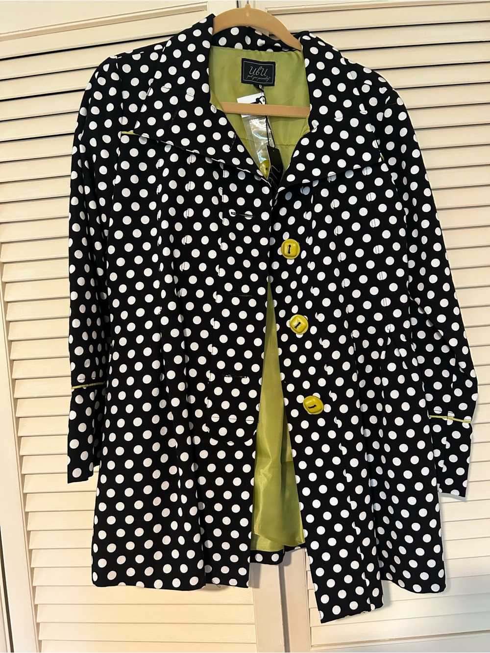 UbU Black & White Polka Dot Trench Coat with Lime Trim. NWT